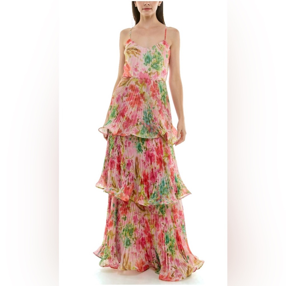 Taylor Pink Floral Pleated Tiered Maxi Dress
